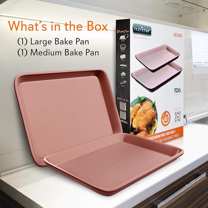 NutriChef Nonstick Cookie Sheet Baking Pan - 2pc Large & Medium Metal Oven Baking Tray, Professional Quality Kitchen Cooking Non-Stick Bake Trays w/ Rimmed Borders, Rose Gold