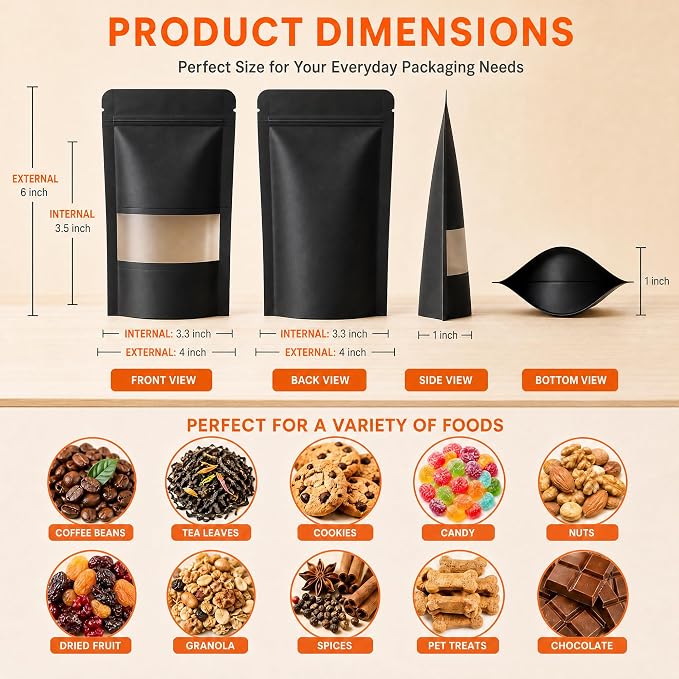 100 Pcs Black Kraft Paper Bags with Window, 4" x 6" Stand Up Pouches Bags, Food Storage Bags for Packaging Products, Reusable, Sealable