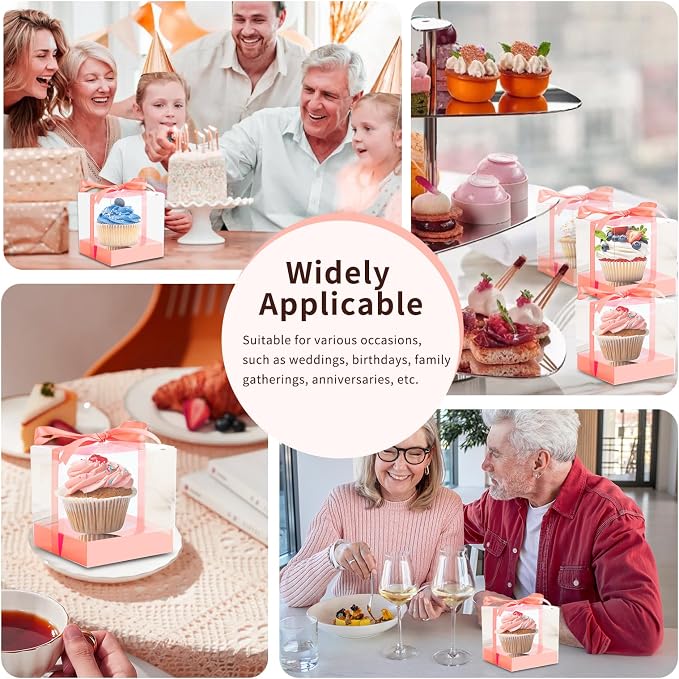 24 Pcs Clear Plastic Cupcake Boxes, 3.5 Inch Single Cupcake Containers for Cake Dessert, Individual Cake Storage Holder with Ribbon Wedding Birthday Party Favor (Rose Gold)