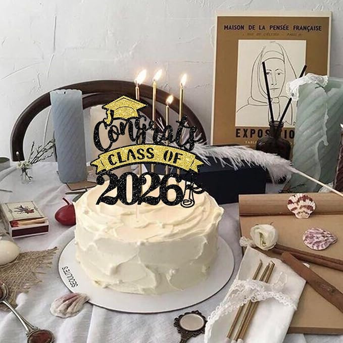1 Pack Congrats Class of 2026 Cake Topper with Gold Black Glitter Diploma Graduation Cap Cake Pick Contrats Class of 2026 Cake Decorations for 2026 Graduation Theme High School Boys Girls