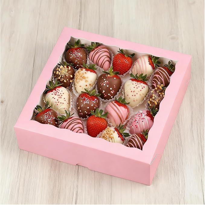Pie Boxes Pink Bakery Boxes with Window (6pcs, 9x9x2.5 Inch) for Christmas: Ideal for Pie, Cookies, Chocolate Covered Strawberries, Breakable Heart & Charcuterie