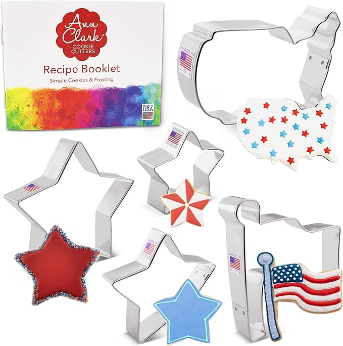 Ann Clark Cookie Cutters 4th of July Memorial Day Patriotic Cookie Cutters 5-Pc. Made in USA, Stars, Flag, America Map