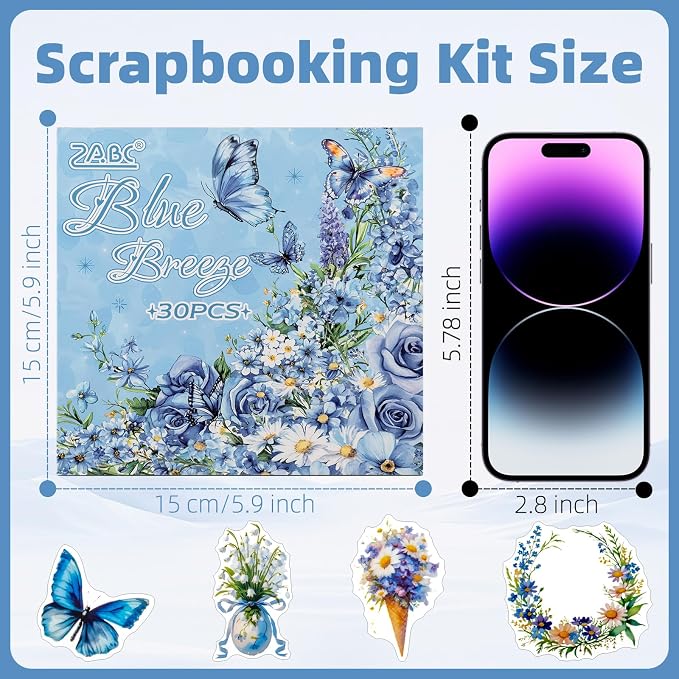 Blue Butterfly Garden Theme Sticker Scrapbooking Supplies for Junk Journal, 30 Sheets PET Stickers - Vintage Journaling Stickers, Ephemera Sticker Book Pre Cut(TZ-005-002)