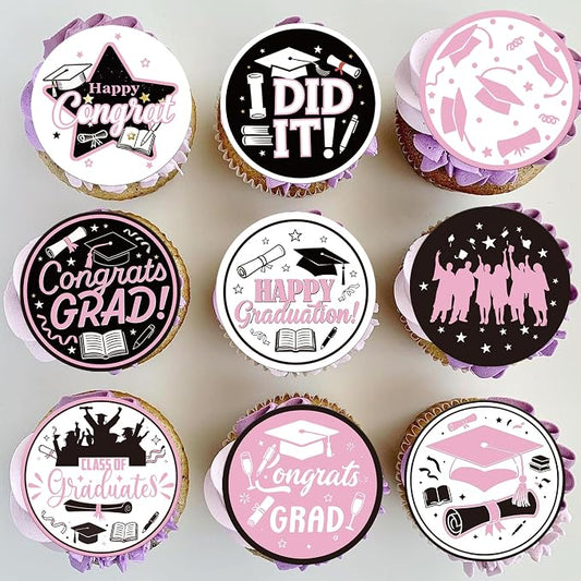 63 PCS Edible 2026 Graduation Cupcake Toppers Diploma Congrats Grad Cap Class of 2026 Cupcake Decorations Edible 2026 Graduation Decorations for 2026 Grad Party Cake Decorations Supplies Pink