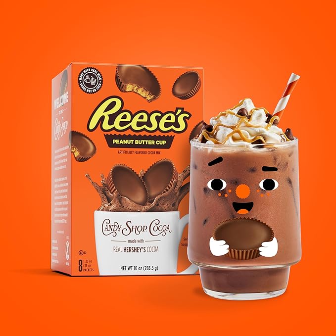 Candy Shop Cocoa REESE’S Iced Cocoa Mix, 1.25 oz, 24 Pack | REESE’S cocoa mix with rich chocolate and peanut butter flavor; just add water for smooth, creamy hot or iced drinks anytime