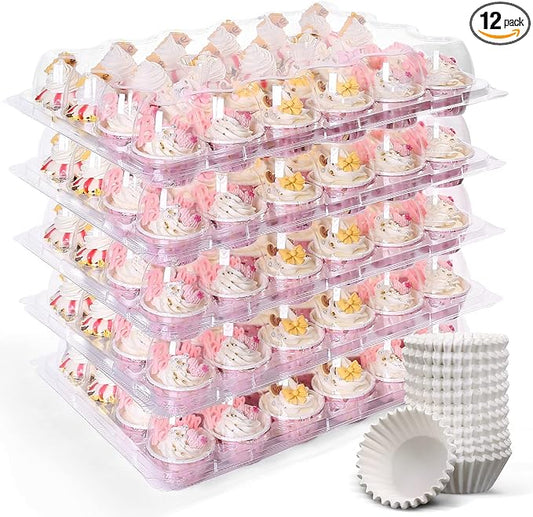 LotFancy (24 Count x 12 Sets) Mini Cupcake Containers with 288 Liners, Plastic Cupcake Boxes Holder, BPA Free, Clear Disposable Cupcake Carriers with Detachable Dome Lid