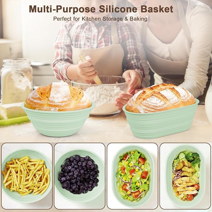 2Pcs Upgraded Silicone Banneton Bread Proofing Baskets, JOCXSPI 10" Oval & 9" Round Foldable Sourdough Bread Dough Proofing Bowl, BPA Free, Non-Stick, Oven & Dishwasher Safe