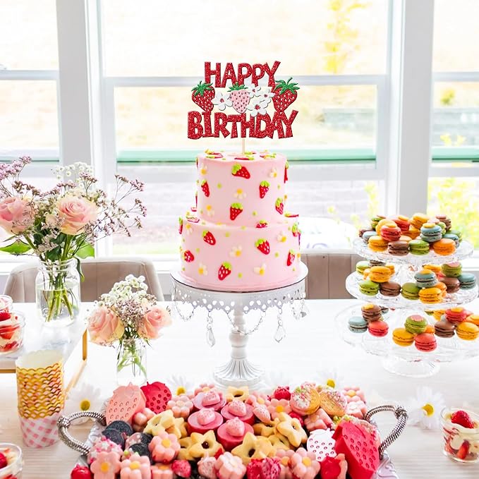 1 PCS Strawberry Happy Birthday Cake Topper Red Glitter Flower Fruit Strawberry Cake Pick Berry Birthday Cake Decoration for Strawberry Theme Baby Shower Birthday Party Cake Decorations Supplies