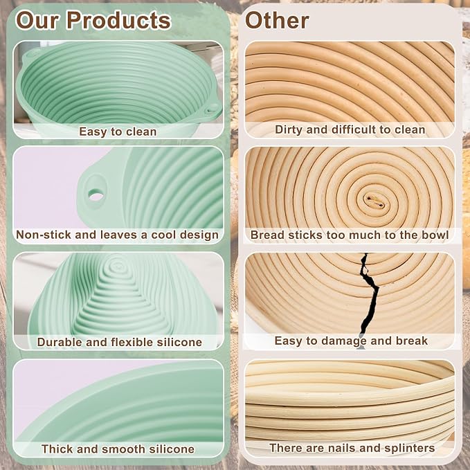 Upgraded 2 Pack Silicone Banneton Bread Proofing Baskets Set - Reinforced Rim Support & Dual Handles, Sourdough Starter Kit, 9 Inch Round Foldable Sourdough Baking Basket (Green, Green)