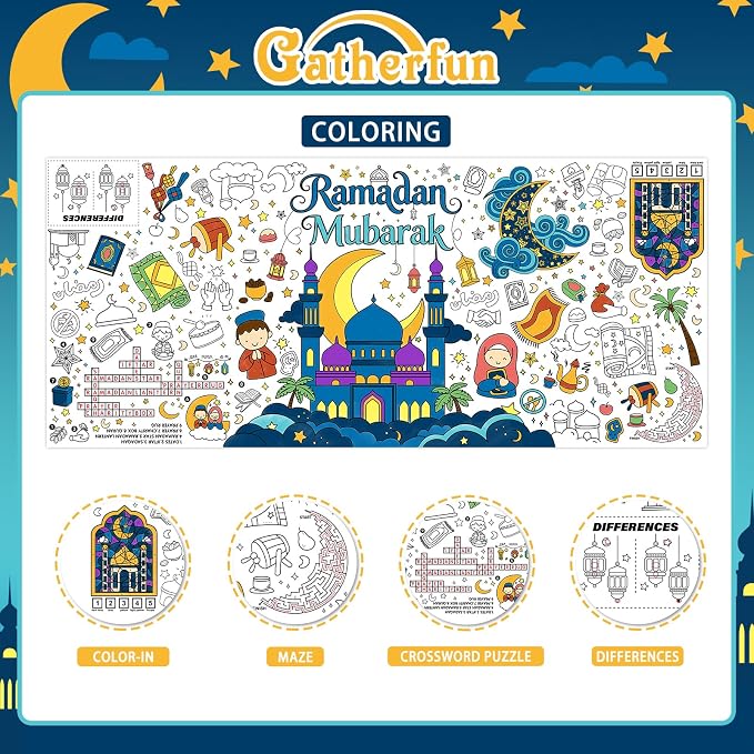 Gatherfun Ramadan Activity Poster & Home Decor - 31.5 x 72 Coloring Banner/Table Cover for Eid Mubarak Decoration, for School Parties & Ramadan Decoration