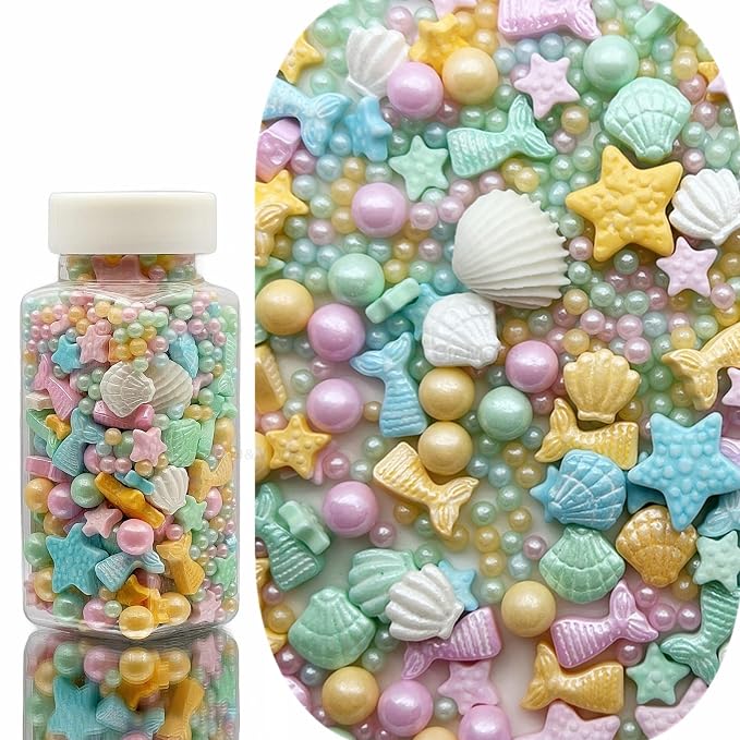SE Si&Moos Edible Mermaid and Shell Sprinkles Mermaid Cupcake Toppers Beach Cake Decoration Shower Party Birthday Holiday Supplies 3.5 OZ with Tweezers