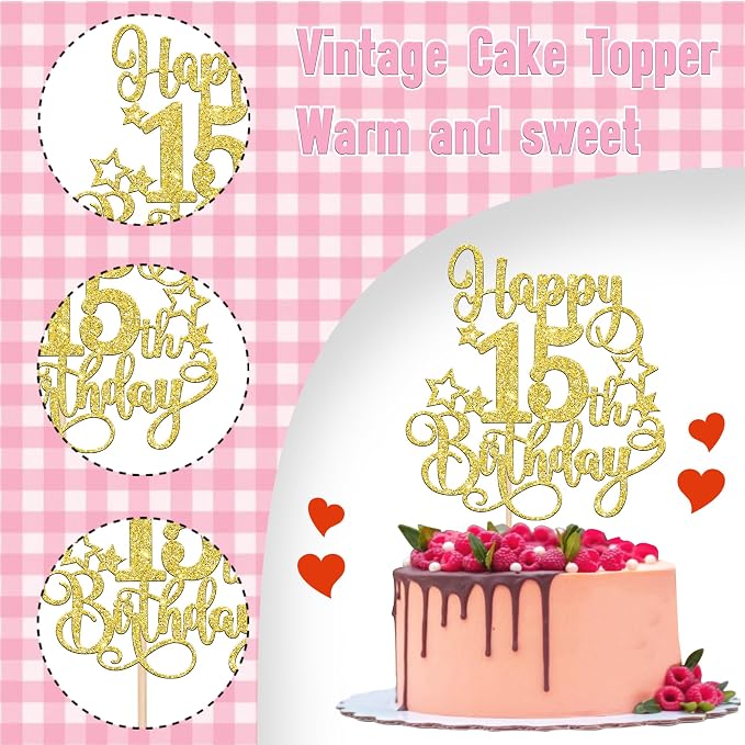 1 PCS Happy 15th Birthday Cake Topper Glitter Cheers to 15 Years Birthday Cake Pick Hello 15 Fabulous Cake Decoration for Happy 15th Birthday Anniversary Party Decorations Supplies Gold