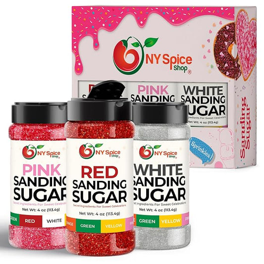 NY Spice Shop Sanding Sugar - 4 Ounce (Pack of 3) Sanding Sugar Red, Pink & White Decorative Sugars for Sweet Treat - Crystals Sugars for Cupcakes Cookies Cakes Dessert Decorating
