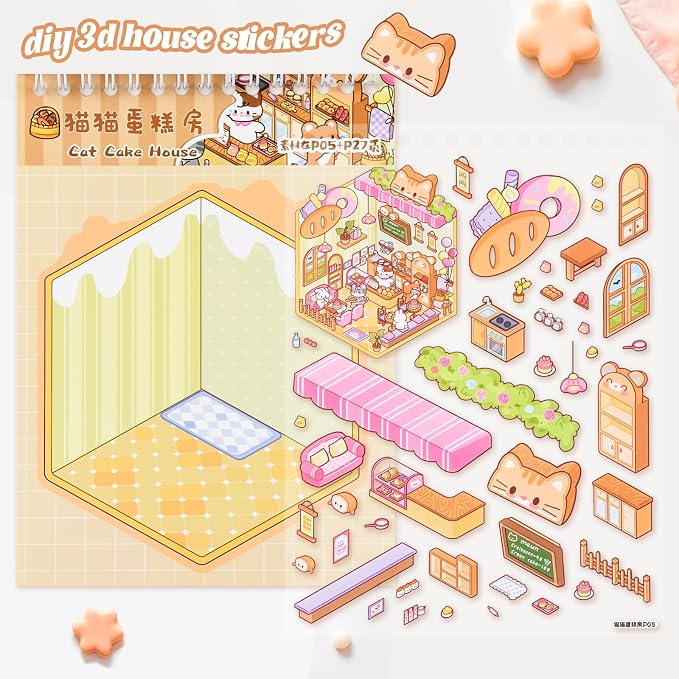 20 Sets DIY 3D Sticker Scene Collection Book DIY 3D House Stickers Make Your Own Sticker Therapy Cute Cartoon Stickers Scenes for Relief Stress Pass The Time (Pink - 20 Sets)