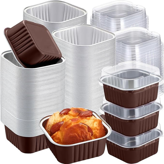 200 Pack 5 oz Mini Cake Pans with Lid, Aluminum Foil Mini Baking Tins, Square Disposable Cupcake Baking Cup Dessert Container for Wedding Birthday Party Picnic(Brown,Classic)