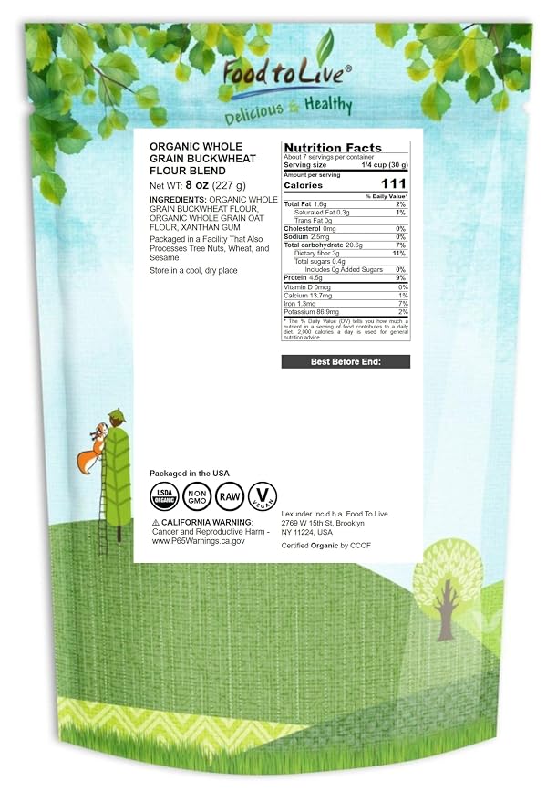 Food to Live Whole Grain Buckwheat Flour Blend, 8 Ounces – A Custom Mix of Buckwheat Flour and Oat Flour, Non-GMO, Fine Meal, Vegan, Bulk. All Purpose Flour. Great for Baking