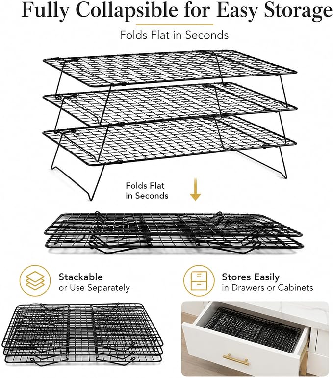 Cooling Rack, 3 Tier Stackable Cooling Racks for Cooking Baking Roasting, Multi-Level Collapsible Cookie Rack for Cakes, Oven Safe & Easy Clean (Black, 3-Tier)