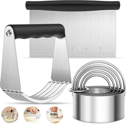 USLAI Biscuit Cutter Set, Stainless Steel Round Cookie Cutter with Bench Scraper & Pastry Blender, Professional Kitchen Baking Dough Tools (3-Piece Set)