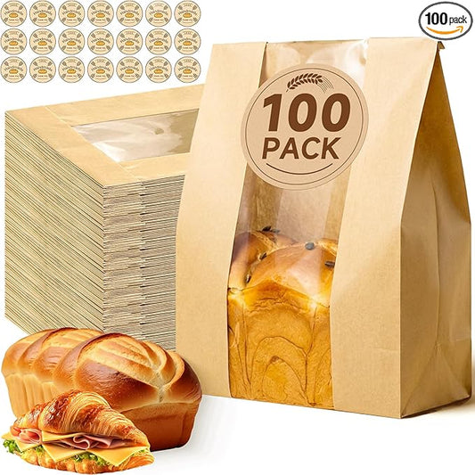 Tripho 100 Pcs Bread Bags for Homemade Bread with Clear Window & 120 Stickers, Sourdough Bread Bags for Storage of Bread,Cookies & Snacks, Large Bakery Paper Bags