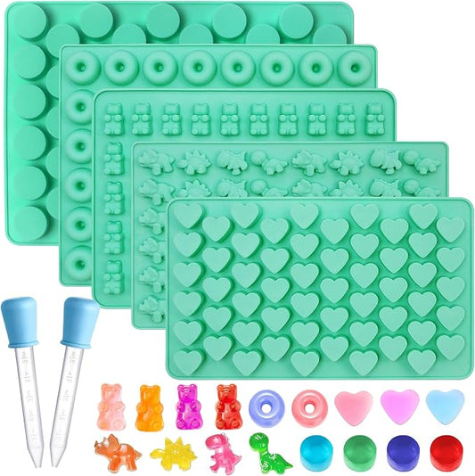 7Pcs Gummy Bear Molds Silicone, Nonstick Gummy Molds Includes Bear, 55 Cavity Round Molds, Dinosaur, Heart, Donut, Gummy Candy Chocolate Molds for Kids with 2 Droppers for Convenient Filling