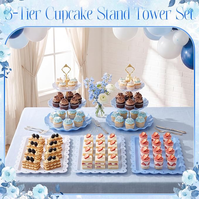 FoldTier 6 Pack Cupcake Stand Set 3 Pcs 3 Tier Gradient Dessert Table Display Stands Cookie Tray Rack 3 X14 in Rectangle Party Trays for Wedding Birthday Tea Party Baby Shower(Blue,Round)