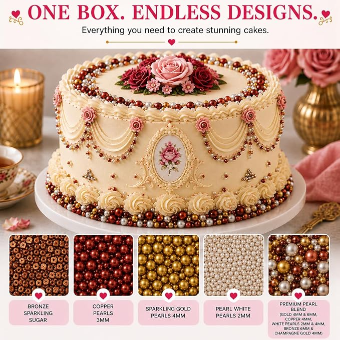 Confect Sprinkle Mix – Edible Gold, Bronze & White Sugar Pearls with Copper Sparkling Sugar –Great Gatsby Disco Ball- Elegant Cake, Cupcake & Cookie Decorating Sprinkles –Vegan, Gluten-Free, Nut-Free, Soy-Free, Dairy-Free, Palm Oil-Free, Dye Free- 5 Oz