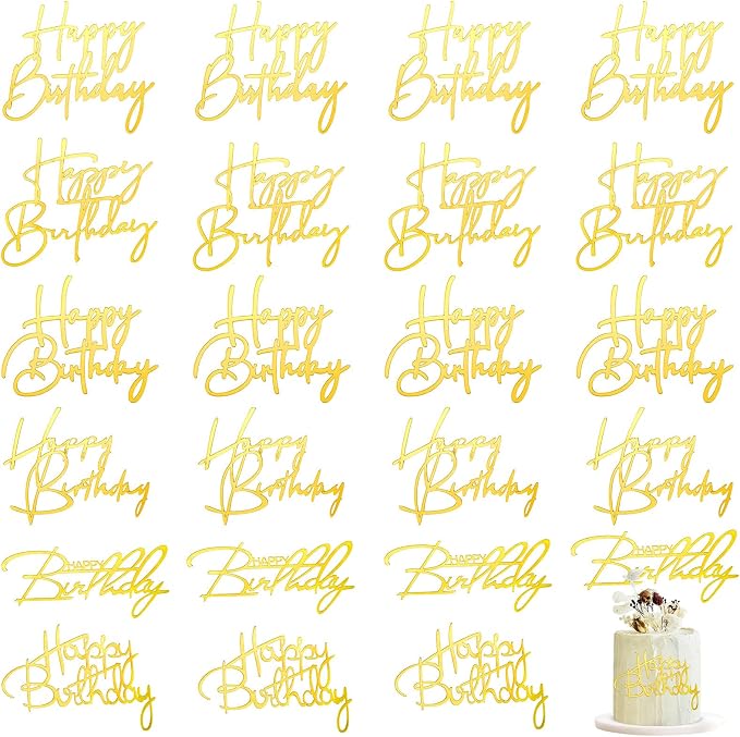 Barydat 24 Pieces Gold Happy Birthday Cake Toppers Mirror Acrylic Cupcake Topper Happy Birthday Sign for Cake Side Cupcake Decorations, 6 Styles