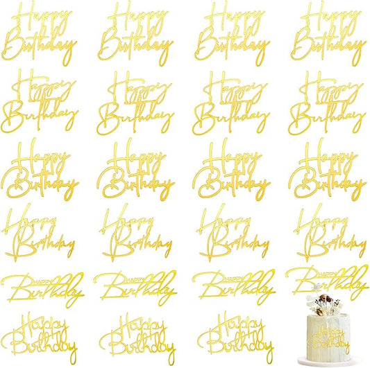 Barydat 24 Pieces Gold Happy Birthday Cake Toppers Mirror Acrylic Cupcake Topper Happy Birthday Sign for Cake Side Cupcake Decorations, 6 Styles