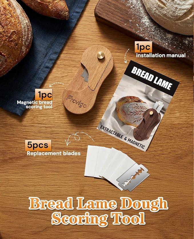 Bread Lame Dough Scoring Tool with Extractable & Magnetic, Wooden Sourdough Scoring Tool with 5 Retractable Razor Blades, Professional & Multi-Purpose Bread Knife Slashing Supplies for Baking