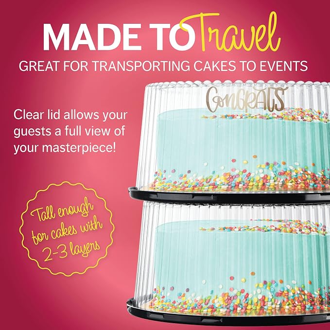 10 - 11" Plastic Disposable Cake Containers Carriers with Dome Lids and Cake Boards | 5 Round Cake Carriers for Transport | Clear Bundt Cake Boxes / Cover | 2-3 Layer Cake Holder Display Containers