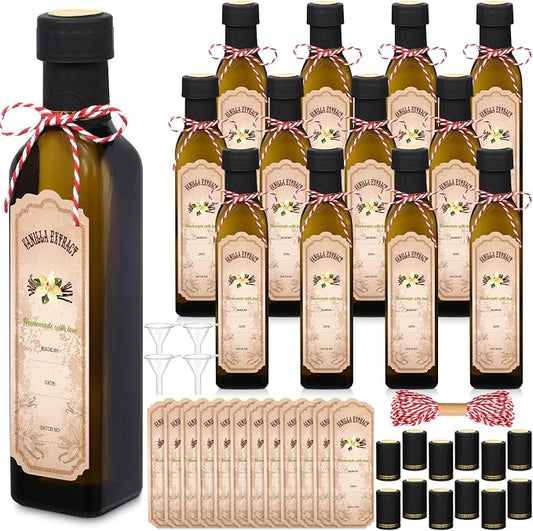 Tioncy 12 Pcs 8.5 oz Vanilla Extract Bottles for Homemade Vanilla Jar Amber Glass Square Bottle with Cap Shrink Band Sticker Syrup Food Storage Canister for Liquid Bean Sauce Spice Gift Giving(Black)