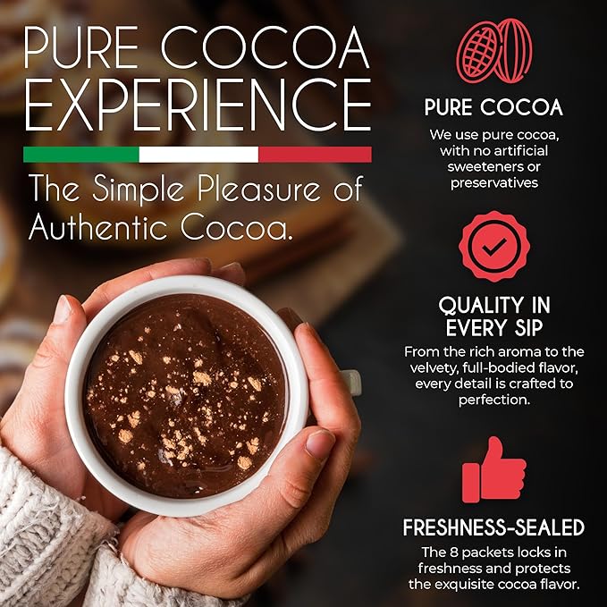 Cafe Garibaldi Premium Dark Hot Chocolate - Organic Instant Cocoa Mix with Dark Cacao Powder, Fair Trade, Gluten-Free, & GMO-Free, 8 Servings x 0.62oz Packets, Ideal Italian Hot Chocolate Gift