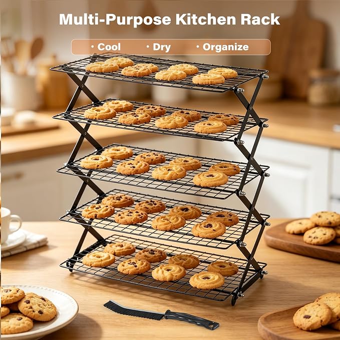 5 Tier Upgraded Collapsible Cooling Rack with Adjustable 3 Setting Design, Stackable Baking Rack with Clean Brush, Roasting Cooking Drying Wire Cooling Rack for Cookies Baking Roasting ＆ Grilling