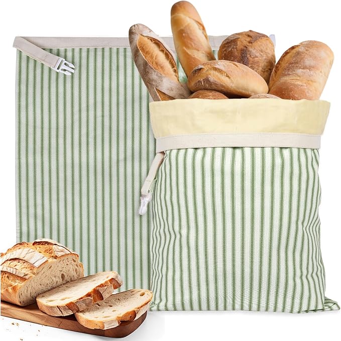 Stripe Reusable Beeswax Bread Bags for Homemade Bread & Sourdough, 2-Pack XL Airtight Food Storage Bags, Organic Cotton Linen Covers - Freezer-Friendly Freshness Preservation Keeps Fresh Longer
