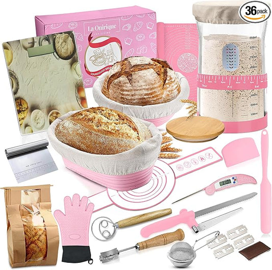 Sourdough Starter Kit – Sourdough Bread Baking Supplies – 41 Oz Starter Jar, 9″ Round & 10.5″ Oval Banneton Bread Proofing Baskets, Bread Making Tools Premium(Pink)
