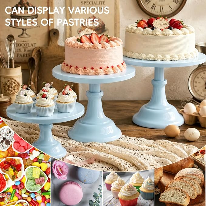 Three-piece Cake Stand Set, Metal Round Trays, 8-inch, 10-inch, and 12-inch, for Dessert Table displays; Perfect for Christmas, Thanksgiving, Birthdays, Weddings, and Other Celebrations(Blue)