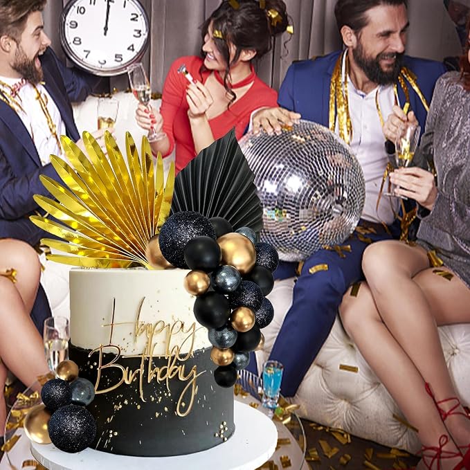 38 PCS Balls Cake Toppers Palm Leaves Cake Decorations for Birthday Wedding Baby Shower Party Supplies (Black)