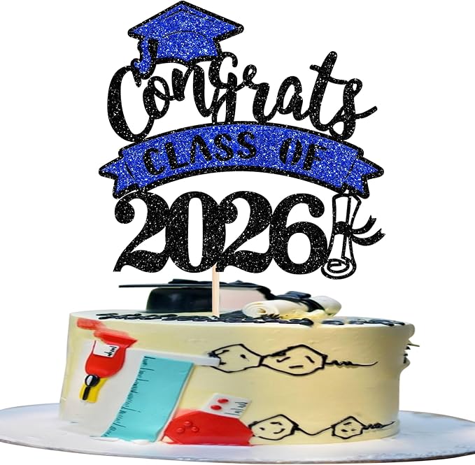 1 Pack Congrats Class of 2026 Cake Topper with Blue Glitter Diploma Graduation Cap Cake Pick Contrats Class of 2026 Cupcake Decorations for Graduation Theme High School Boys Girls
