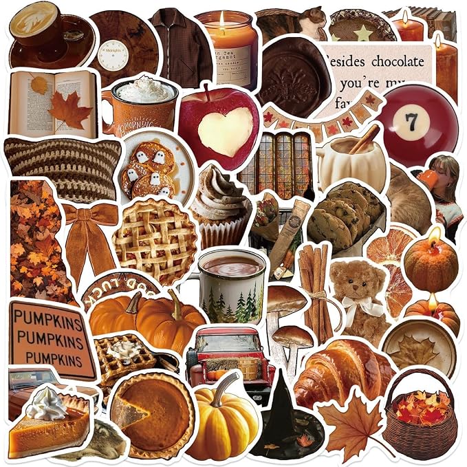 53PCS Fall Ins Food Stickers Yellow Bread Aesthetic Waterproof Vinyl Decals 2 Inch for Journals Scrapbooks Laptops Water Bottles (Fall)