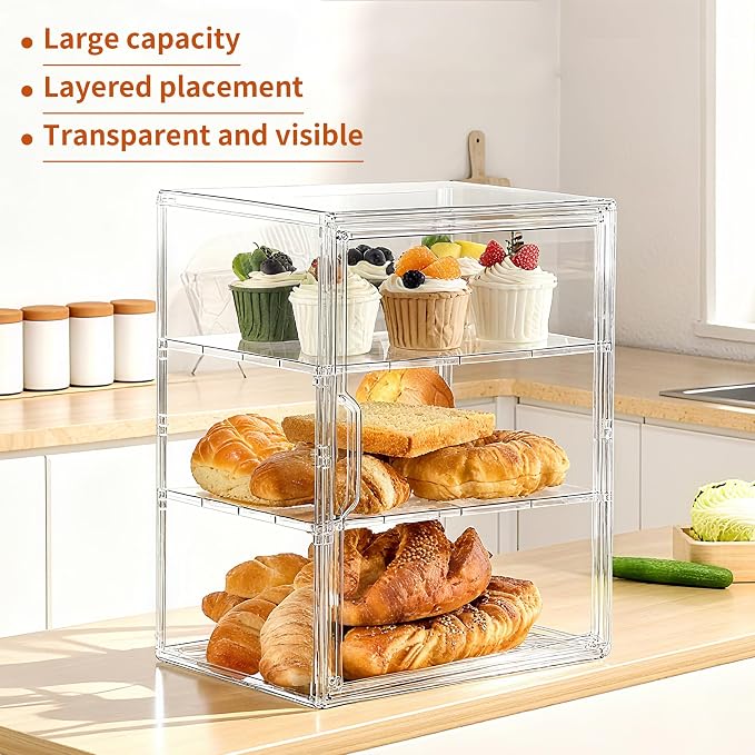 SANKEU Pastry Display Case,Bread Box for Kitchen Countertop,3 Layers Adjustable Clear Bread Storage with Magnetic Door Small Bakery Pastry Display,1 Pack