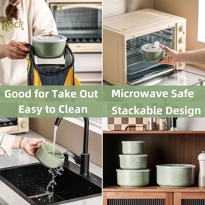 Ceramic Nesting Bowls with Lids: Mixing Bowls with Lids - Porcelain Food Storage Containers For Prep and Serving, Microwavable Kitchen Bowl Set of 4, 50/32/20/10 oz (Green)