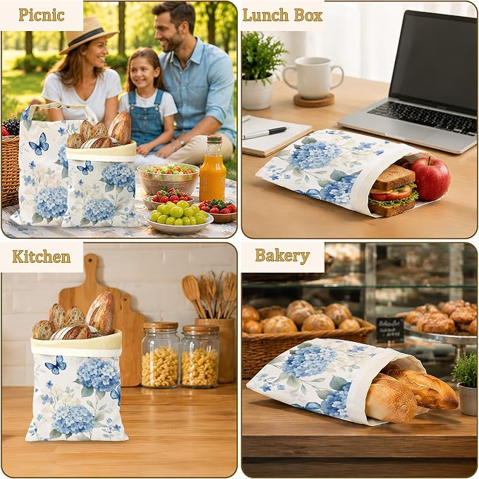 2 Pack Beeswax Blue Hydrangea Bread Bags for Sourdough, Reusable Linen Butterfly Floral Bread Bag 17x13'' Food Storage Cloth Bag Freezer-Friendly & Freshness Preservation