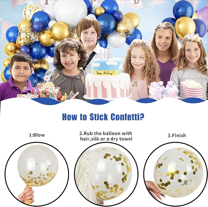 112pcs Royal Blue Gold White Balloon Arch Garland Kit, Navy Blue and Gold Balloon Arch Kit With Confetti Metallic Chrome Balloons, White Latex Matte Balloons for Graduations Birthday Party Decorations