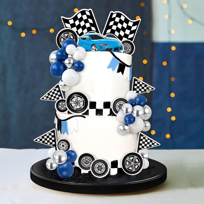 Ercadio 42Pcs Blue Racing Car Birthday Cake Toppers Wheel Checkered Flag Cupcake Toppers Silver Blue Balls Cake Decorations for Kids Racing Birthday Cake Decoration Race Car Party Supplies