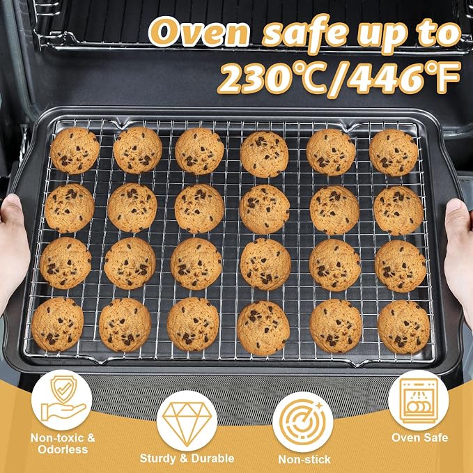 Baking Sheet with Cooling Racks - 17'' x 11" x 0.5" Carbon Steel Cookie Sheets for Baking [2 Sheets + 2 Racks], Nonstick Baking Pans, Perfect for Baking, Roasting, and More