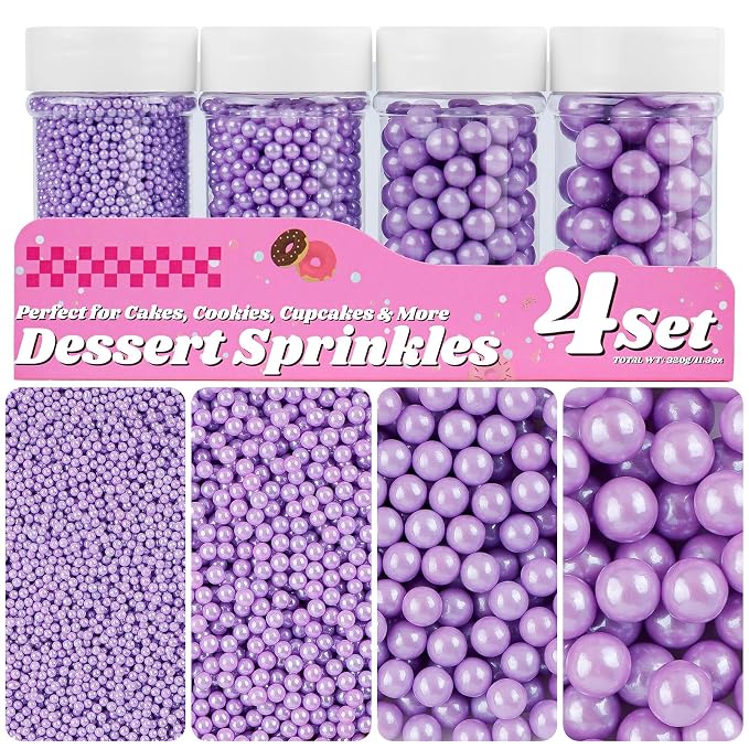 Purple Pearl Sprinkles for Cake Decorating, 11.3oz/320g Edible Pearls Sugar Large Capacity 4 Jars Set for Baking Cupcakes Cookies Dessert
