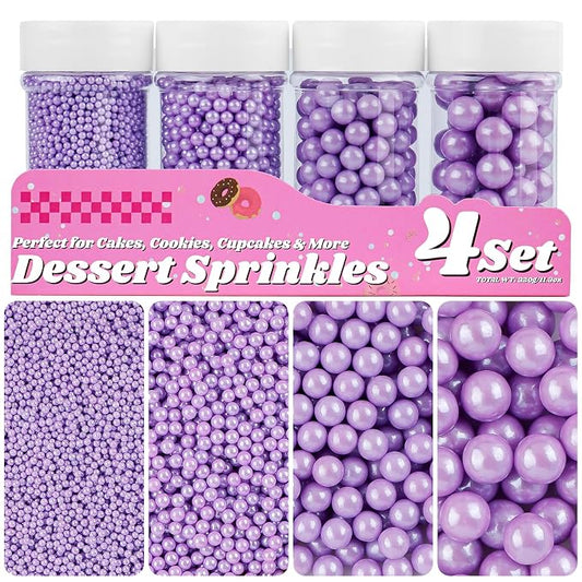 Purple Pearl Sprinkles for Cake Decorating, 11.3oz/320g Edible Pearls Sugar Large Capacity 4 Jars Set for Baking Cupcakes Cookies Dessert