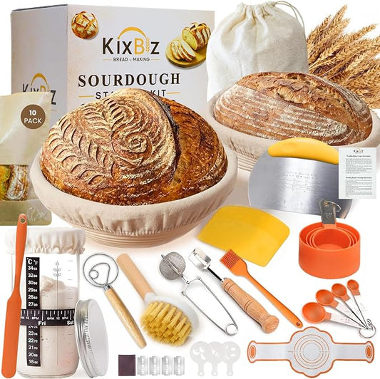 Sourdough Starter Kit with Round & Oval Banneton Bread Proofing Basket, Complete Sourdough bread baking supplies with Sling, Starter Jar, Dough Whisk, Scrapers, Stencils & Bags for Bakers Women Wife