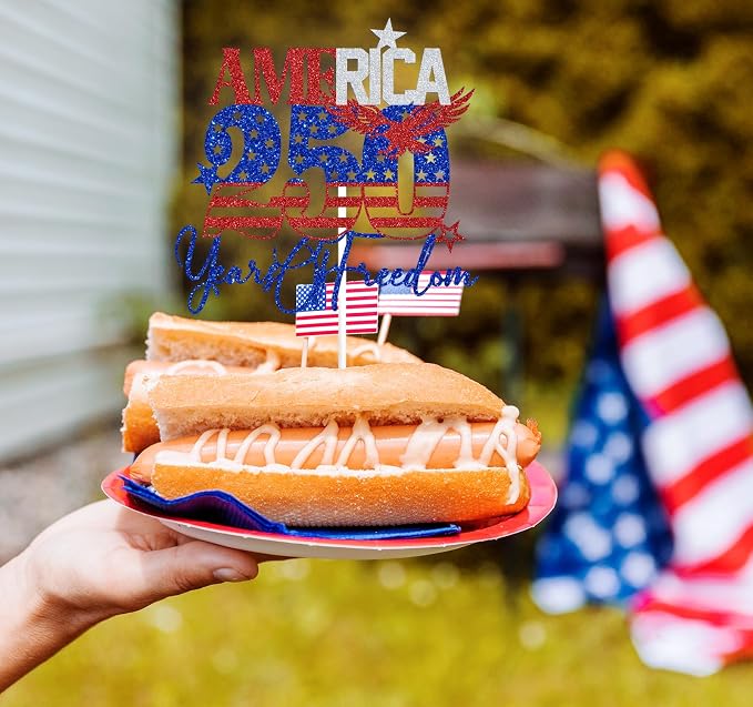 Blue Glitter America 250 Years of Freedom Cake Topper, Land of the Free Because of the Brave/Party in the USA, 4th of July Celebration Party Decorations Supplies