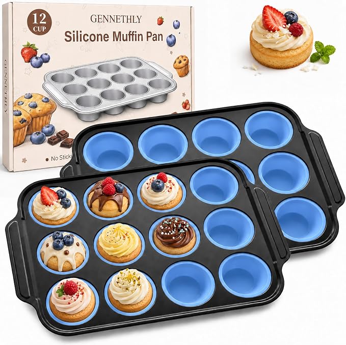 2 PCS Silicone Muffin Pans for Baking with Metal Reinforced Frame, Muffin Tin Egg Bites Mold 12-Cup Regular Size, Nonstick Muffin Cups Tray Easy to Pop Cupcake Pan for Oven & Dishwasher Safe - Blue